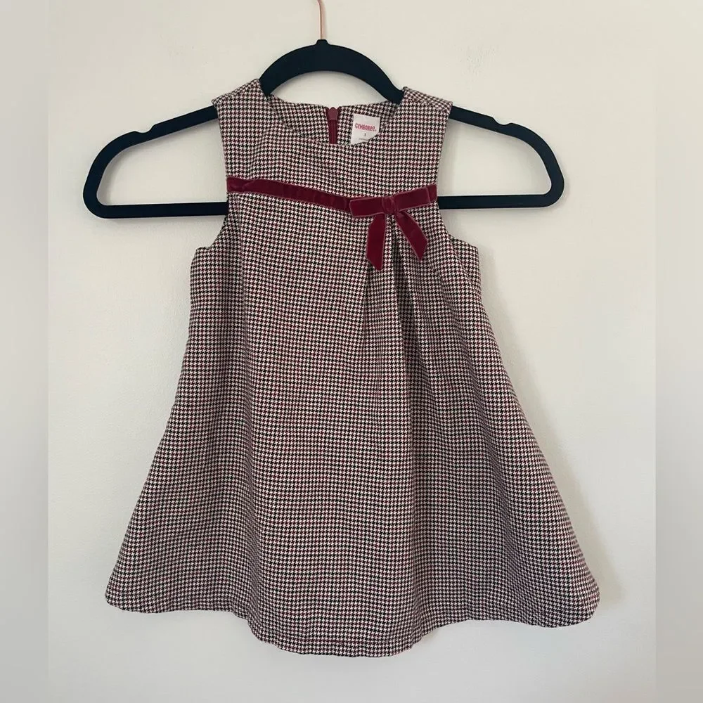 Gymboree Girls Kids Dress Red Black Houndstooth Velvet Bow Portrait size 3